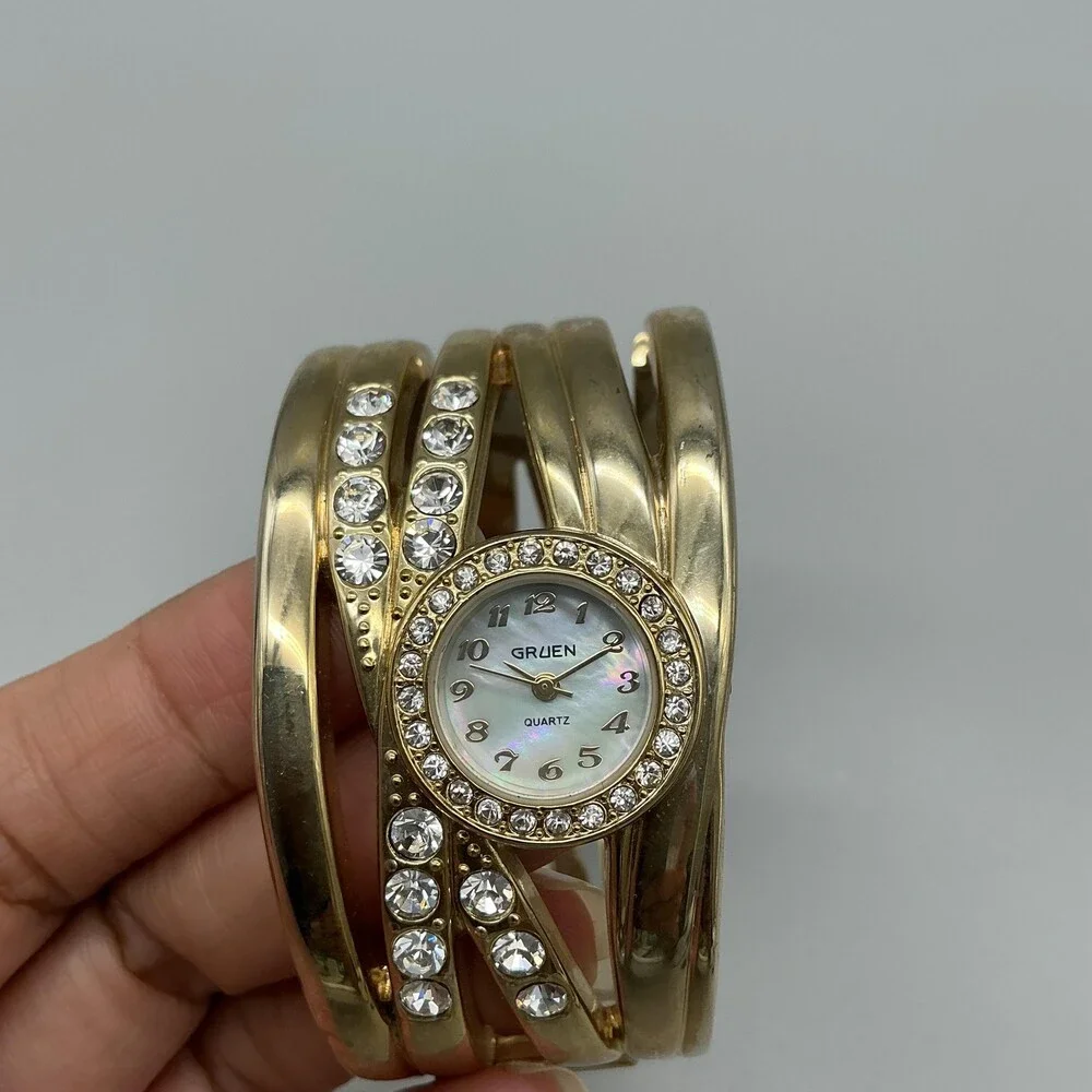 Gruen Womens Watch 35mm White Dial Gold Tone Crystal Cuff Bracelet New Battery